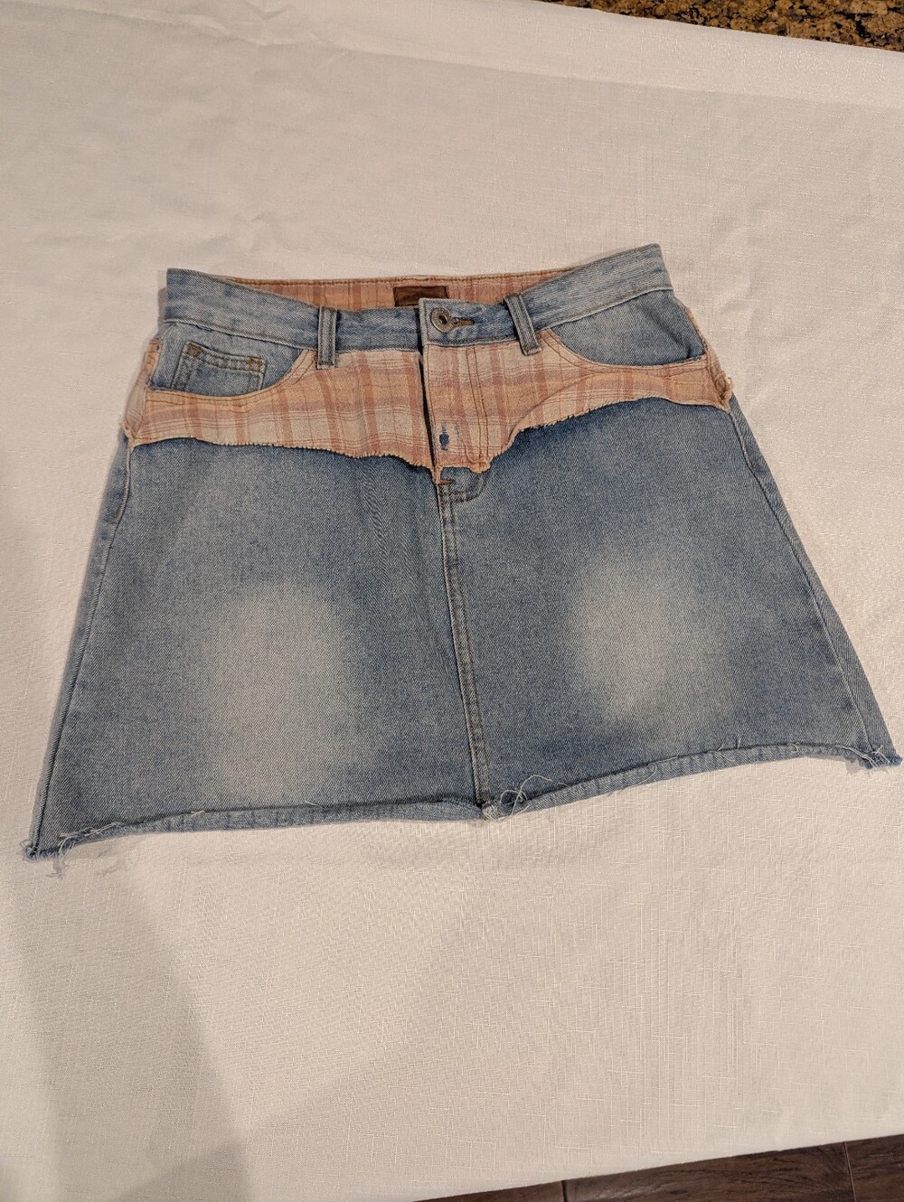 POL Light Blue Denim Mini Skirt with Pink Plaid Waist